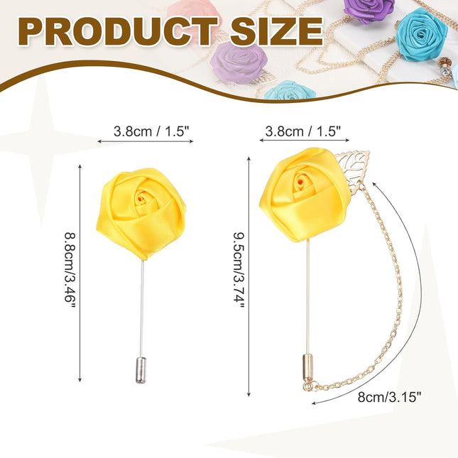 Rose Flower Lapel Pin for Men 2 Style Cloth Brooch Kit Gold Leaf Tassel Chain Satin Boutonnieres Stick Men Yellow