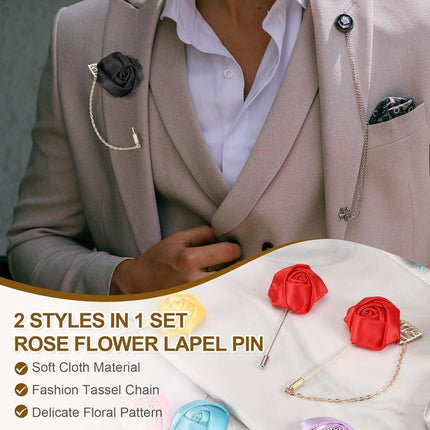 Rose Flower Lapel Pin for Men, 2 Style Cloth Brooch Kit Gold Leaf Tassel Chain Satin Boutonnieres Stick Men Yellow -