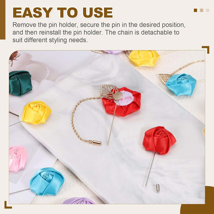 Rose Flower Lapel Pin for Men, 2 Style Cloth Brooch Kit Gold Leaf Tassel Chain Satin Boutonnieres Stick Men Yellow -