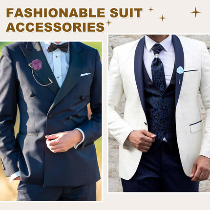 Rose Flower Lapel Pin for Men, 2 Style Cloth Brooch Kit Gold Leaf Tassel Chain Satin Boutonnieres Stick Men Yellow -