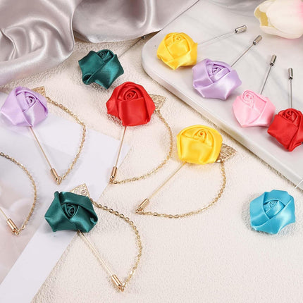 Rose Flower Lapel Pin for Men, 2 Style Cloth Brooch Kit Gold Leaf Tassel Chain Satin Boutonnieres Stick Men Yellow -