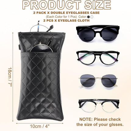 Double Eyeglasses Case, 2 Pcs Leather Soft Glasses Cases Portable Sunglasses Pouch Organizer with Strap Black/White -