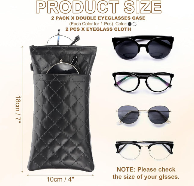 Double Eyeglasses Case 2 Pcs Leather Soft Glasses Cases Portable Sunglasses Pouch Organizer with Strap – product detail