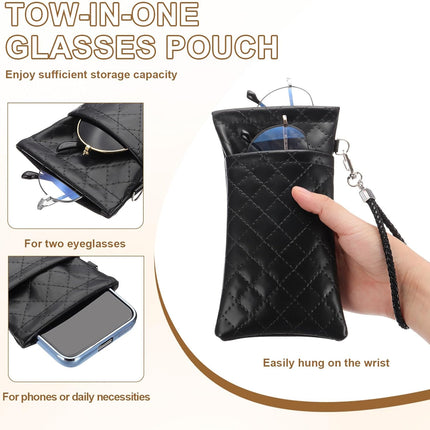 Double Eyeglasses Case, 2 Pcs Leather Soft Glasses Cases Portable Sunglasses Pouch Organizer with Strap Black/White -
