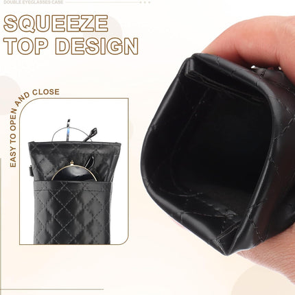 Double Eyeglasses Case, 2 Pcs Leather Soft Glasses Cases Portable Sunglasses Pouch Organizer with Strap Black/White -
