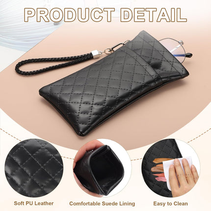 Double Eyeglasses Case, 2 Pcs Leather Soft Glasses Cases Portable Sunglasses Pouch Organizer with Strap Black/White -