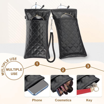 Double Eyeglasses Case, 2 Pcs Leather Soft Glasses Cases Portable Sunglasses Pouch Organizer with Strap Black/White -