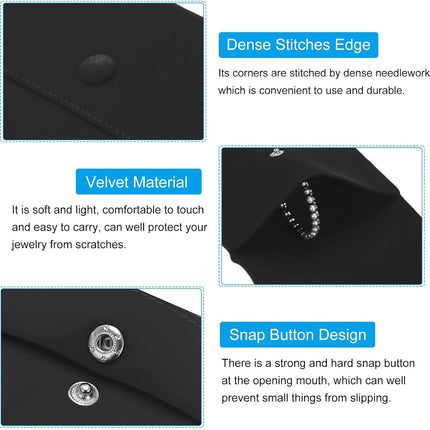 Jewelry Pouch, 2 Pack Soft Velvet Pouches with Snap Button Portable Storage for Rings Necklace Bracelet Earring Watch, Black(3x3, 4x4) Black -