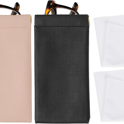 Squeeze Top Sunglass Pouch, PU Leather Soft Eyeglass Pouch Portable Travel Sunglasses Pouch(2 Set) White/Pink White -