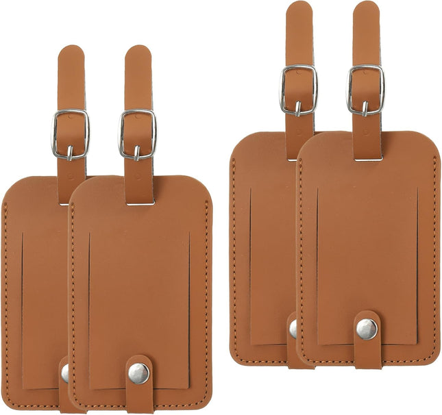 4 Pack Luggage Bag Tags PU Leather Suitcase Name Tags with Snap Travel Label Identifier Privacy Protection Accessories Brown