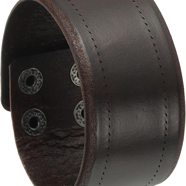 Wide Simple Leather Wristbands, Vintage Adjustable Cuff Bracelets Dark Brown -