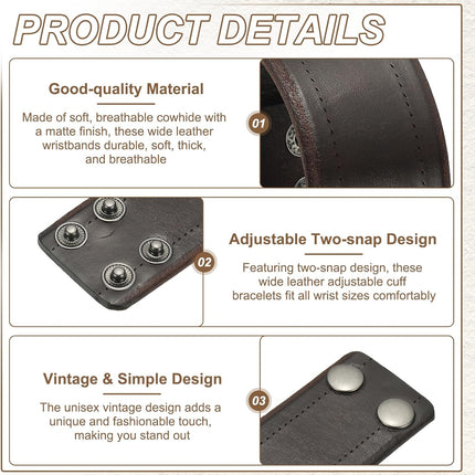 Wide Simple Leather Wristbands, Vintage Adjustable Cuff Bracelets Dark Brown -