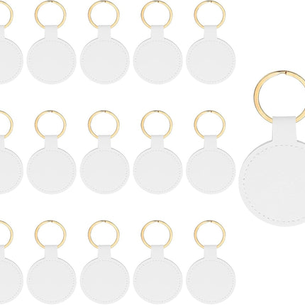 16pcs Leather Keychain Blanks,50mm Sublimation Blanks PU Key Chain Keyring with Rings,Round White -