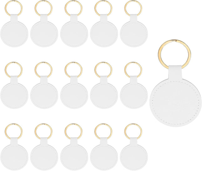 16pcs Leather Keychain Blanks 50mm Sublimation Blanks PU Key Chain Keyring with Rings Round White