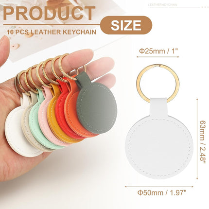 16pcs Leather Keychain Blanks,50mm Sublimation Blanks PU Key Chain Keyring with Rings,Round White -