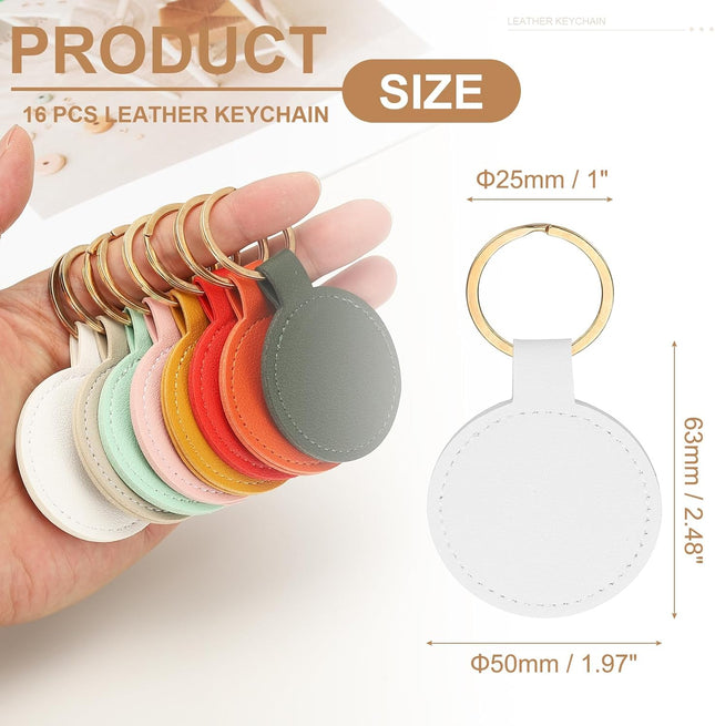 16pcs Leather Keychain Blanks 50mm Sublimation Blanks PU Key Chain Keyring with Rings Round White – product detail
