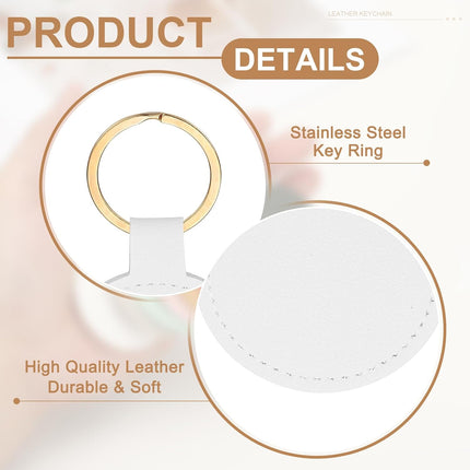 16pcs Leather Keychain Blanks,50mm Sublimation Blanks PU Key Chain Keyring with Rings,Round White -