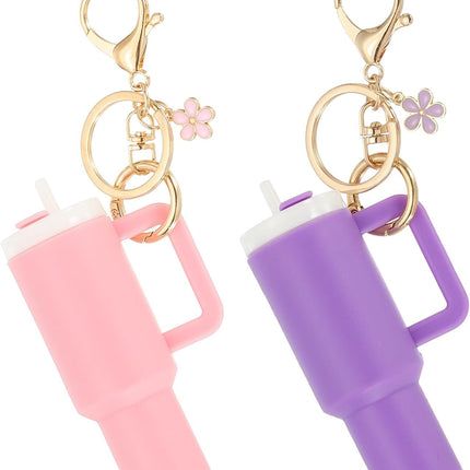 Mini Tumbler Keychain, 2Pcs Cute Cup Keychain Lip Balm Holder Charm Purse, Flower Pink, Dark Purple -