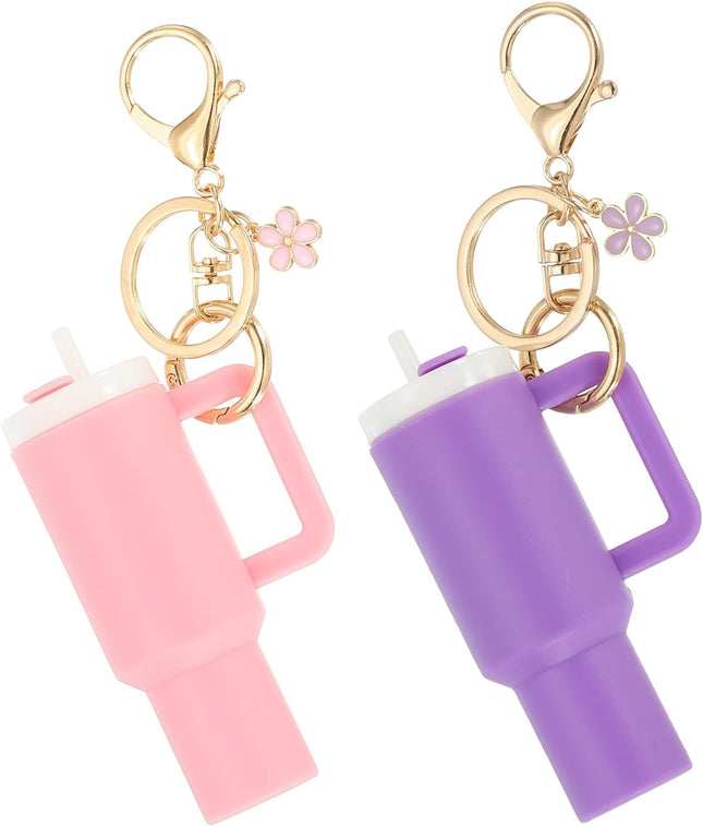 Mini Tumbler Keychain 2Pcs Cute Cup Keychain Lip Balm Holder Charm Purse Flower Pink Dark Purple