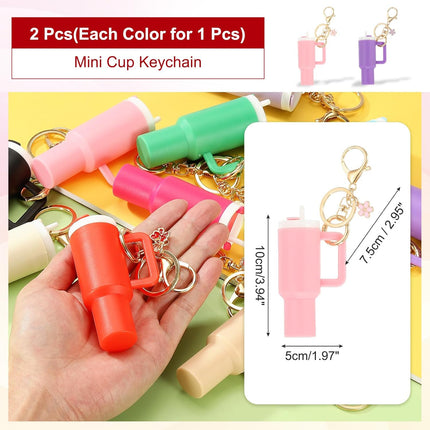 Mini Tumbler Keychain, 2Pcs Cute Cup Keychain Lip Balm Holder Charm Purse, Flower Pink, Dark Purple -