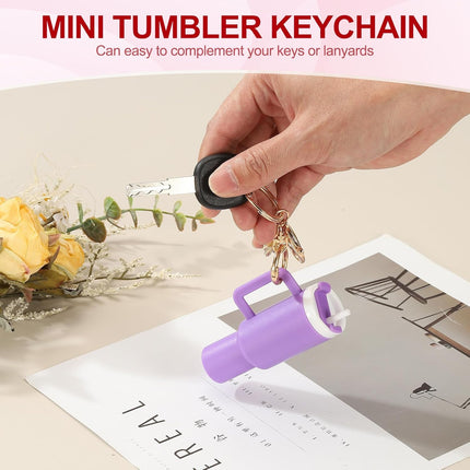 Mini Tumbler Keychain, 2Pcs Cute Cup Keychain Lip Balm Holder Charm Purse, Flower Pink, Dark Purple -
