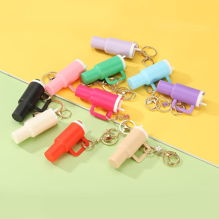 Mini Tumbler Keychain, 2Pcs Cute Cup Keychain Lip Balm Holder Charm Purse, Flower Pink, Dark Purple -