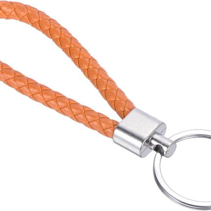 Braided Leather Keychain with Key Ring PU Woven Wristlet Lanyard Strap Fob Keyring Holder for Car Bag Wallet Pendant Orange -