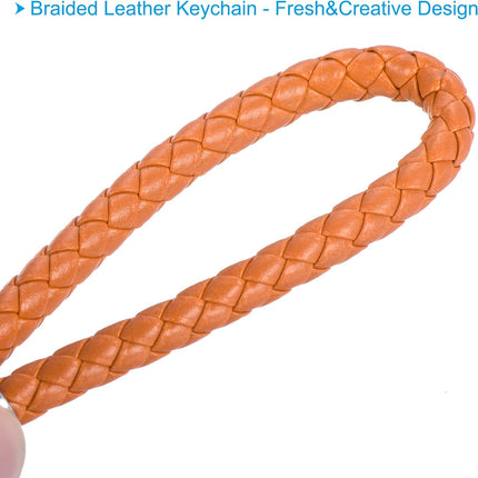 Braided Leather Keychain with Key Ring PU Woven Wristlet Lanyard Strap Fob Keyring Holder for Car Bag Wallet Pendant Orange -