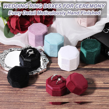 3 Slots Vintage Velvet Ring Boxes, 2 Pack Octagonal Elegant His and Her Wedding Jewelry Organizer Holders for Engagement Proposal Ceremony Anniversary, Light Blue -