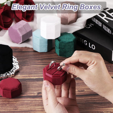 3 Slots Vintage Velvet Ring Boxes, 2 Pack Octagonal Elegant His and Her Wedding Jewelry Organizer Holders for Engagement Proposal Ceremony Anniversary, Light Blue -