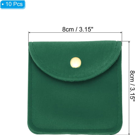 8x8cm Jewelry Pouches with Snap Button, 10 Pack Velvet Portable Soft Storage for Necklace Bracelet Earring Watch Rings Brooch, Dark Green