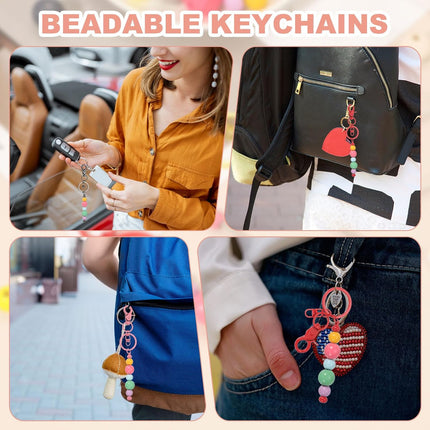Beadable Keychains, Metal DIY Beaded Keychain Making Kit with Key Rings Blank Chain Bars Gradient Color -