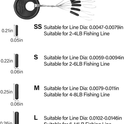1200pcs Fishing Rubber Bobber Stoppers 6 in 1 Float Sinker Stops Black Oval Cylinder for Line Shape M(4-8LB Line)
