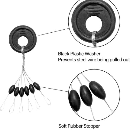 1200pcs Fishing Rubber Bobber Stoppers 6 in 1 Float Sinker Stops Black Oval Cylinder for Line Shape M(4-8LB Line)