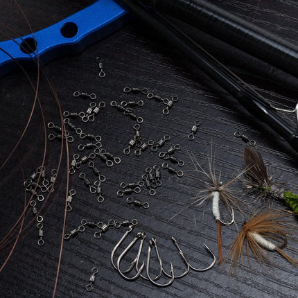 50 Pack Fishing Micro Swivels Fly Rolling Barrel Black Nickel High Strength Solid Rings Hook line Connector - 7mm(20LB)-50pk