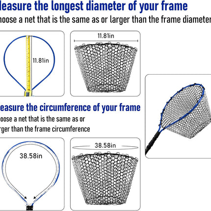 Fishing Landing Net Replacement Rubber Without Handle Foldable Mesh Netting for Freshwater Saltwater Black F-59.06'' Girth(21.65'' Dia, 19.7*5" Depth)