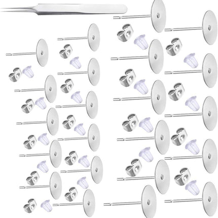 1200 PCS 5MM Hypoallergenic Stainless Steel Earrings Posts Flat Pad Blank Earring Pin Studs with Butterfly Backs and Silicone Bullet for Jewelry Making Findings silver-1200 -