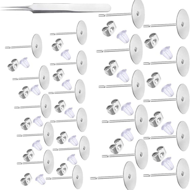 1200 PCS 5MM Hypoallergenic Stainless Steel Earrings Posts Flat Pad Blank Earring Pin Studs with Butterfly Backs and Silicone Bullet for Jewelry Making Findings silver-1200 -