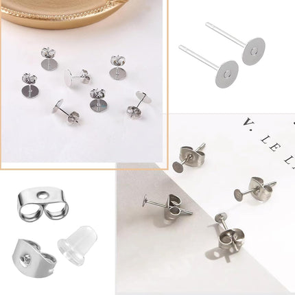 1200 PCS 5MM Hypoallergenic Stainless Steel Earrings Posts Flat Pad Blank Earring Pin Studs with Butterfly Backs and Silicone Bullet for Jewelry Making Findings silver-1200 -