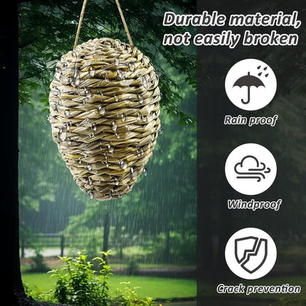 Woven Crochet Wasp Nest Decoy, Waterproof Faux Hanging Hornets Hive Nests Artificial Fake Decoy Decoration for Patio Eaves Yard Home Yellow-weed-2pcs-10×4In -