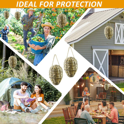 Woven Crochet Wasp Nest Decoy, Waterproof Faux Hanging Hornets Hive Nests Artificial Fake Decoy Decoration for Patio Eaves Yard Home Yellow-weed-2pcs-10×4In -