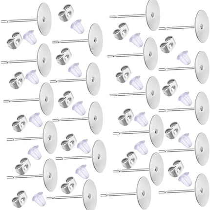 600 PCS 8MM Hypoallergenic Stainless Steel Earrings Posts Flat Pad Blank Pin Studs with Butterfly Earring Backs and Silicone Bullet for Jewelry Making Findings -