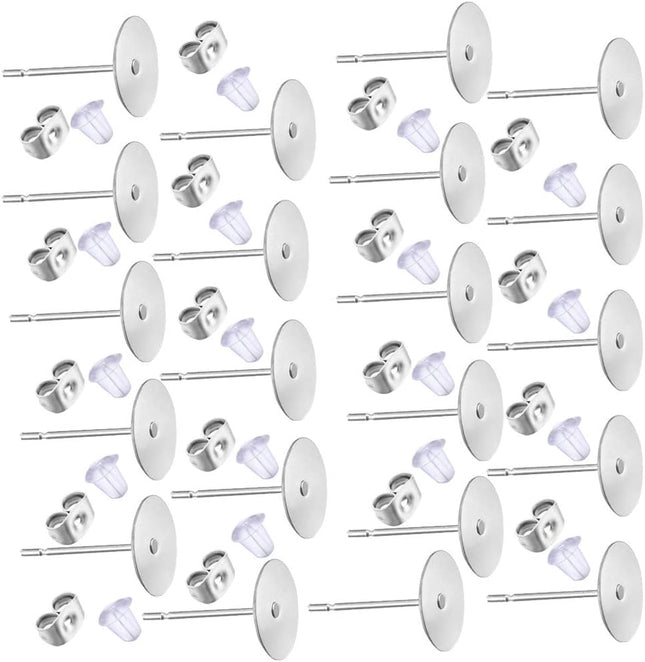 600 PCS 8MM Hypoallergenic Stainless Steel Earrings Posts Flat Pad Blank Pin Studs with Butterfly