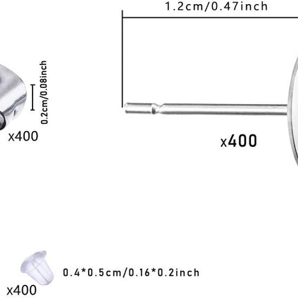 600 PCS 8MM Hypoallergenic Stainless Steel Earrings Posts Flat Pad Blank Pin Studs with Butterfly Earring Backs and Silicone Bullet for Jewelry Making Findings -