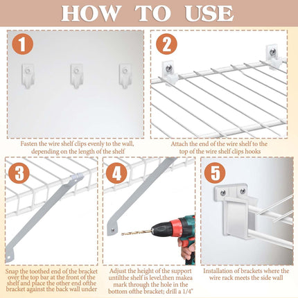 4pcs 12Inch Wire Shelf Brackets Set, Metal White Closet Support Bracket with End & Clips Hidden Wall Shelving Accessories for Shelves Racks (Shelf not Include) - 4 pack end bracket
