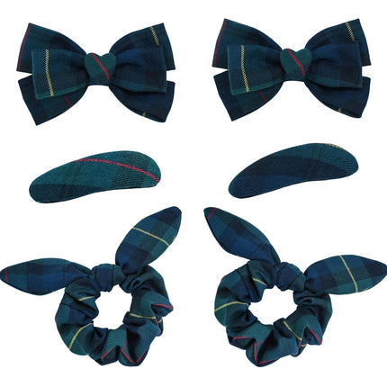 6pcs Uniform Hair Accessories for Girls, 2 Back to School Bows Clip Plaid Bunny Ear Bowknot Scrunchies Snap Barrettes Long Tail Bow Set Toddler Little Girl (Dark Green, Navy, Yellow, Red) -