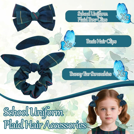 6pcs Uniform Hair Accessories for Girls, 2 Back to School Bows Clip Plaid Bunny Ear Bowknot Scrunchies Snap Barrettes Long Tail Bow Set Toddler Little Girl (Dark Green, Navy, Yellow, Red) -