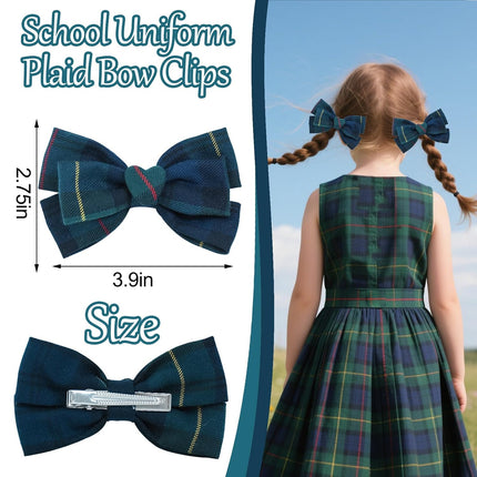 6pcs Uniform Hair Accessories for Girls, 2 Back to School Bows Clip Plaid Bunny Ear Bowknot Scrunchies Snap Barrettes Long Tail Bow Set Toddler Little Girl (Dark Green, Navy, Yellow, Red) -