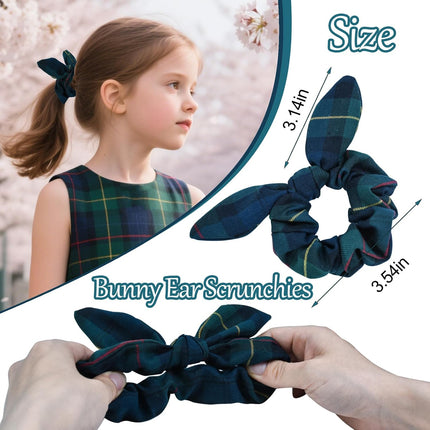 6pcs Uniform Hair Accessories for Girls, 2 Back to School Bows Clip Plaid Bunny Ear Bowknot Scrunchies Snap Barrettes Long Tail Bow Set Toddler Little Girl (Dark Green, Navy, Yellow, Red) -