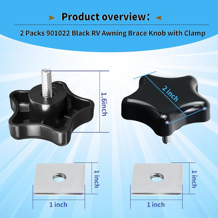 901022 Black RV Awning Brace Knob or Rafter Locking Knobs with Clamp fit Camper/RV/Motorhome -